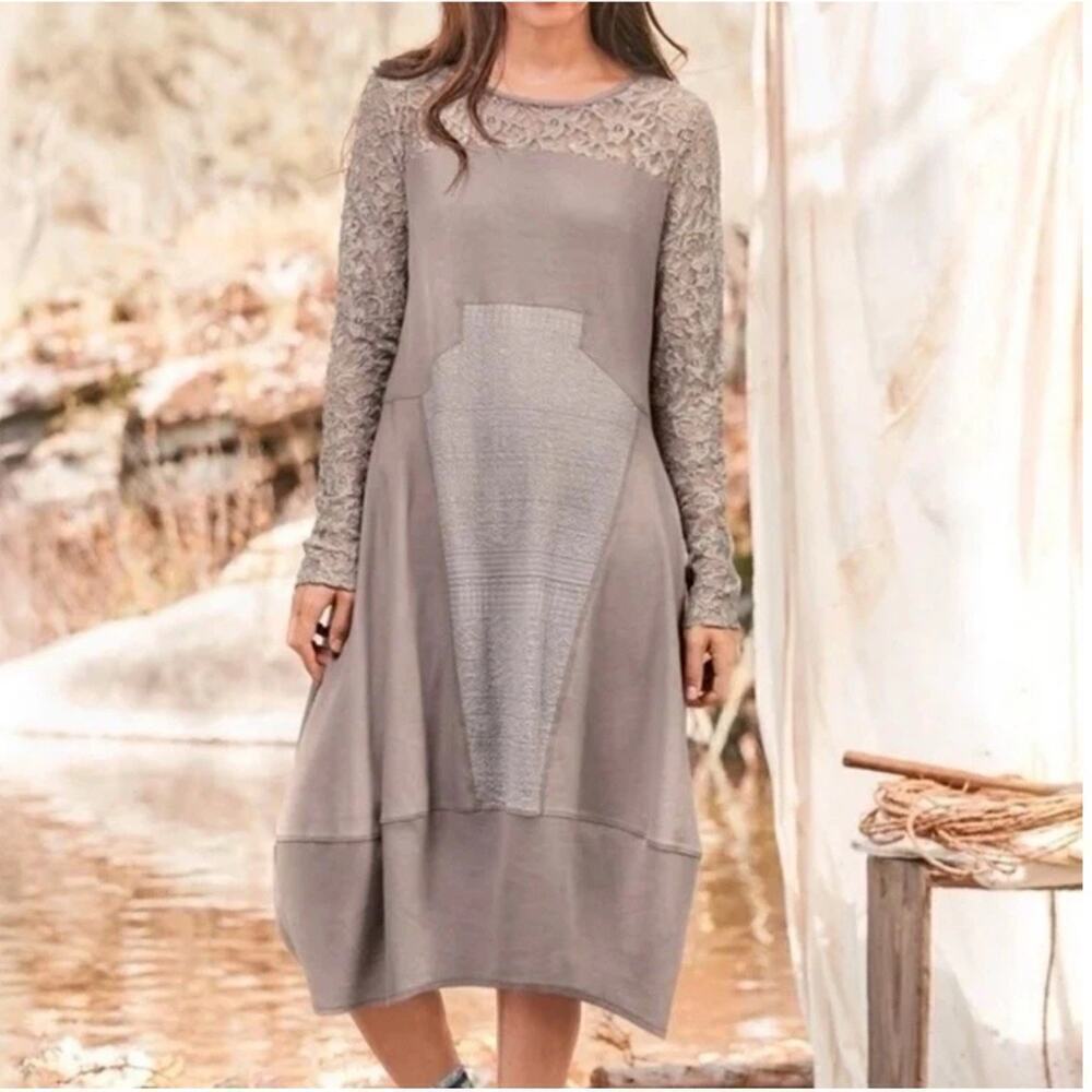 Sundance Manette Taupe Lace Patchwork Lantern Midi Dress Women's M Stretch